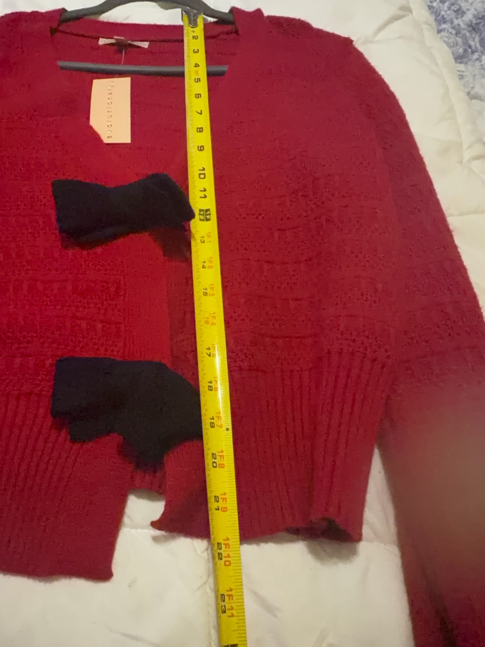 Diane Von Furstenberg Red V-Neck Bow-Front Cardigan with Black Bows - Picture 2 of 5